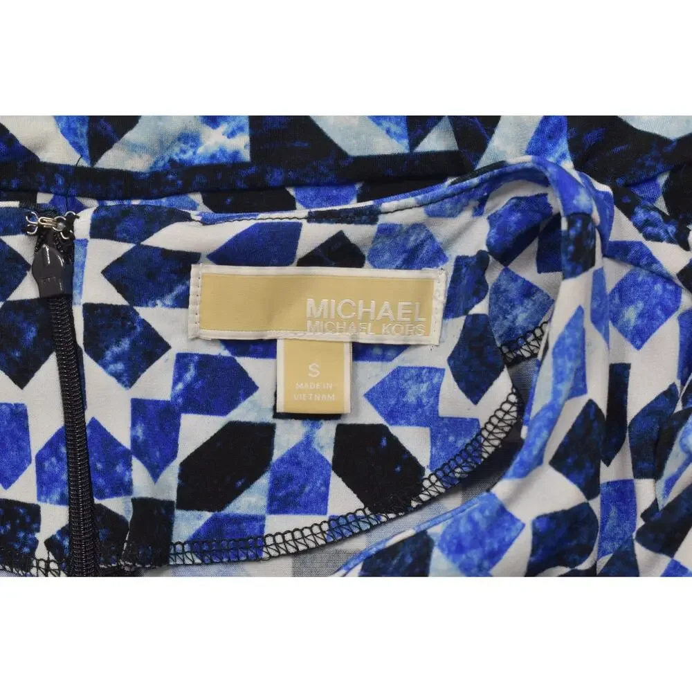 Michael Kors Womens Size S Blue Geometric Mosaic Tile Print Long Sleeve Dress